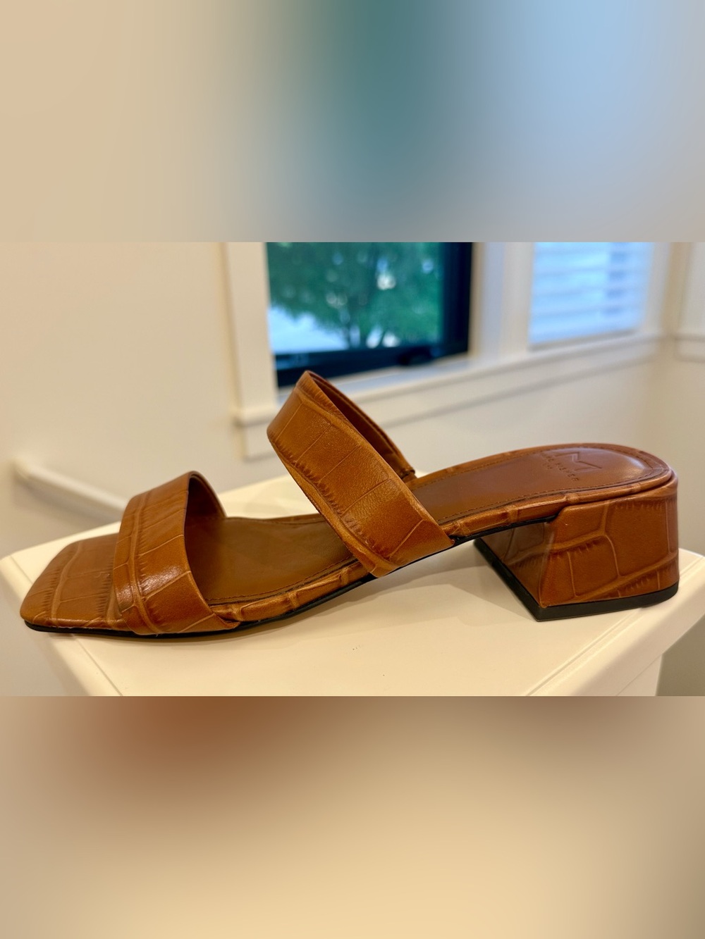 Marc Fisher LTD Cognac Croc Embossed Block Heel Slide Sandals Women’s Size 9 New - Picture 5 of 9